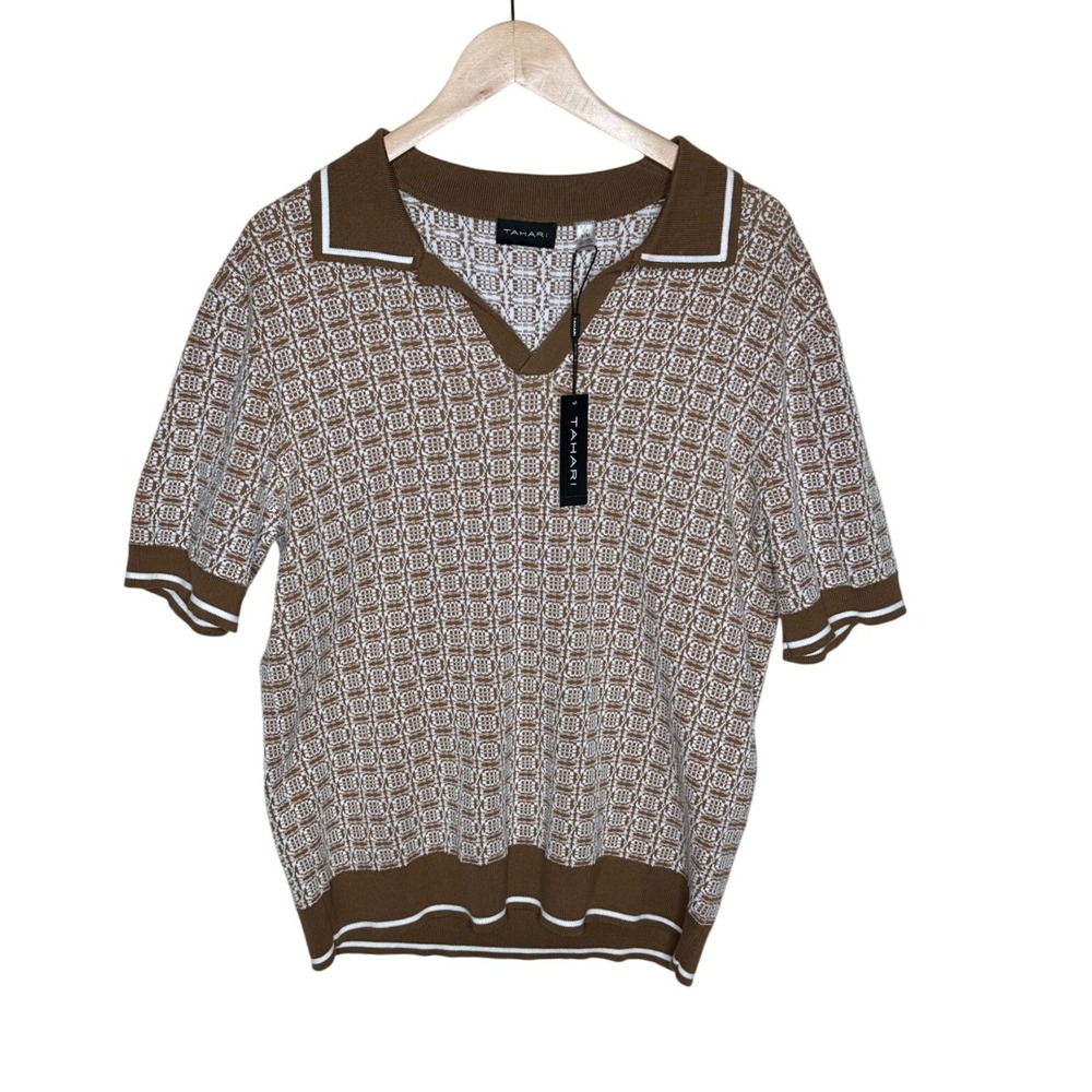NWT Tahari Men's Geometric Textured Print Polo Short Sleeve Shirt size Medium